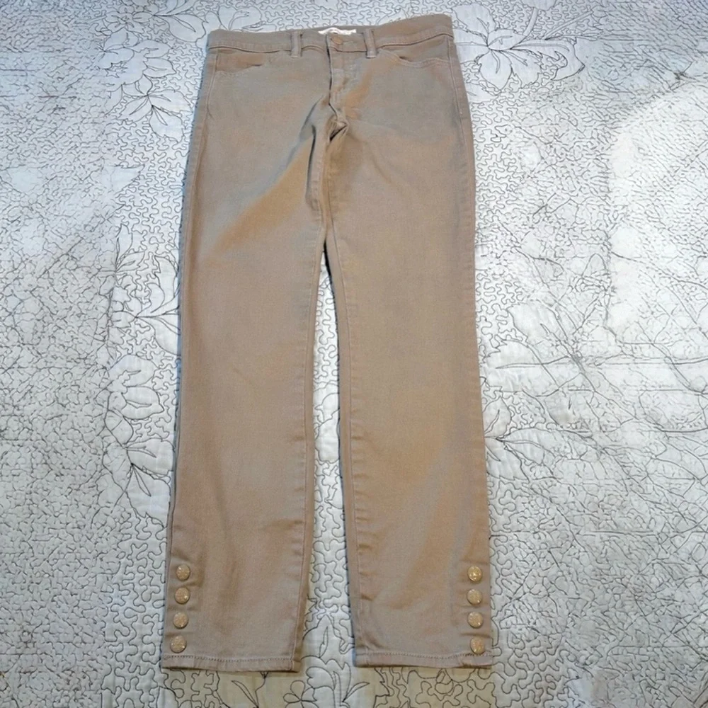 Tory Burch Emmy Beige Slim Ankle Pants Gold Snap Detail Stretch Sz 26💛